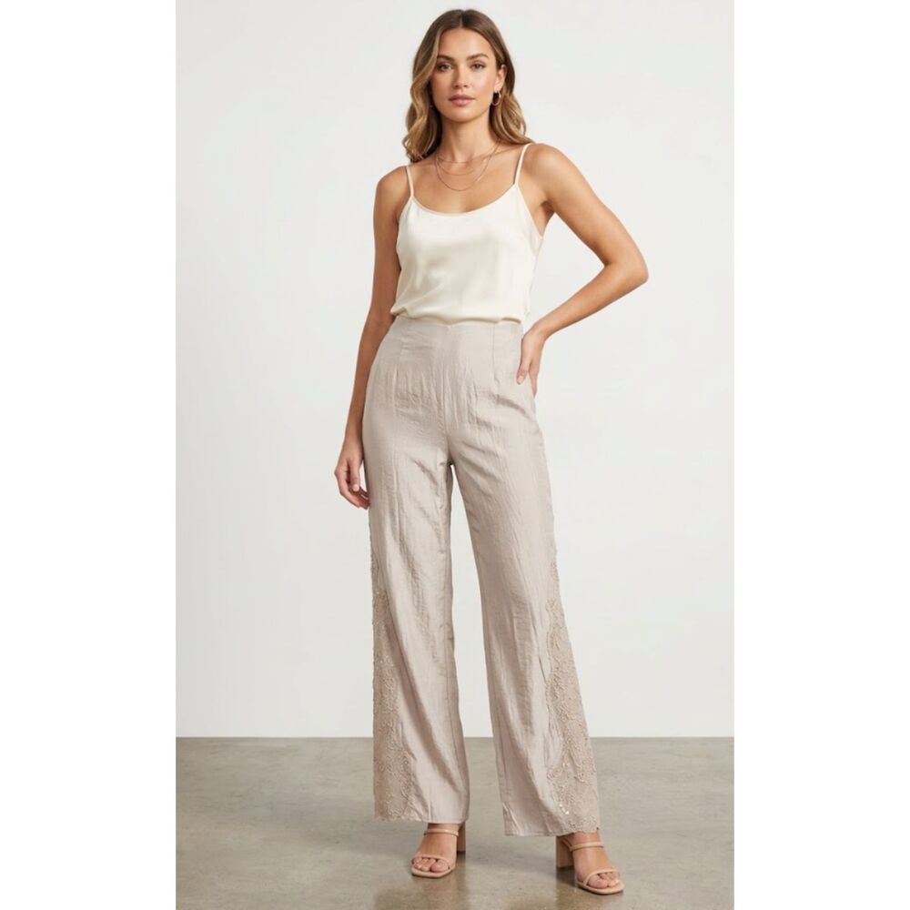 H&M Lace Inset Satin Trouser Pants High Waist Side Zip Women's Size 6